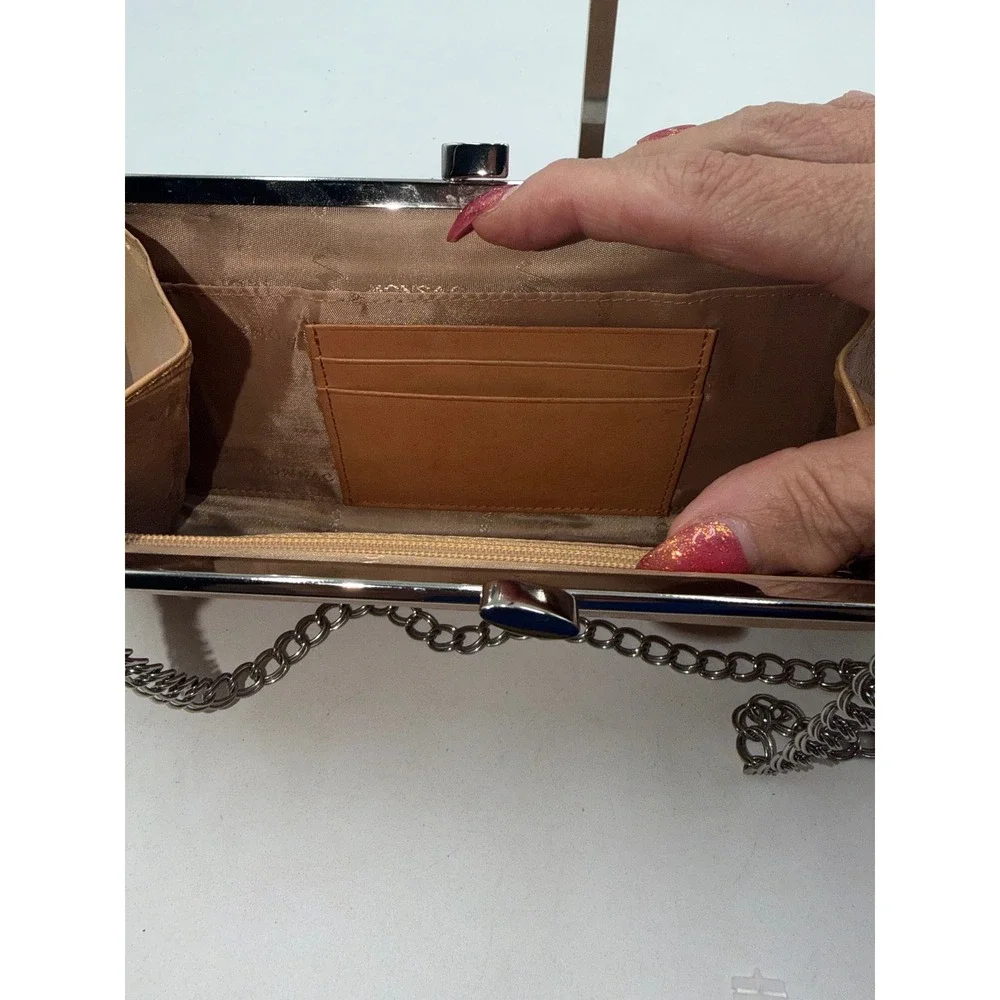 Monsac Vintage Tan Leather Kiss Lock Clutch Bag Silver Chain Strap Evening Purse